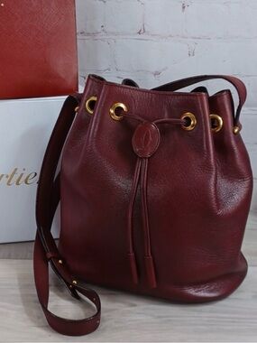 CARTIER Ox Blood Burgundy Rouge Leather Drawstring Bucket Bag -VINTAGE OLD MONEY